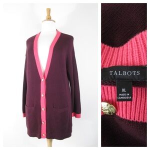 Talbots Womens Plus Size Burgundy Long Button Down Cardigan Sweater XL 16 18